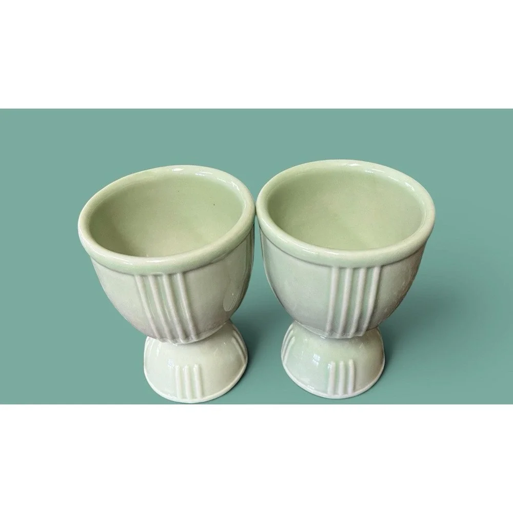 2 Hamkscraft Vintage Porcelain Ceramic Double Egg Cups Ribbed Pastel Green Mint